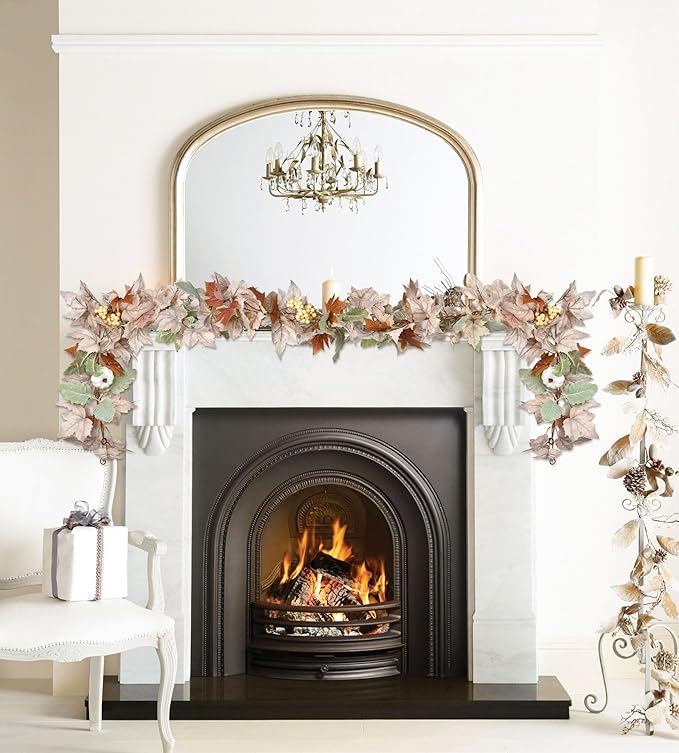 fall garland over a fireplace in a cozy livingroom